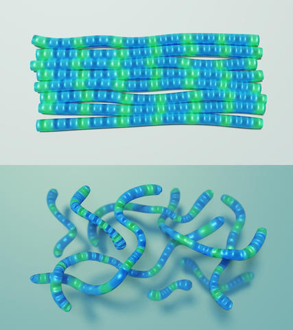 这些图像以两种形式展示了PCDTPT材料：固体状态（上图）和悬浮在液体中的状态（下图）