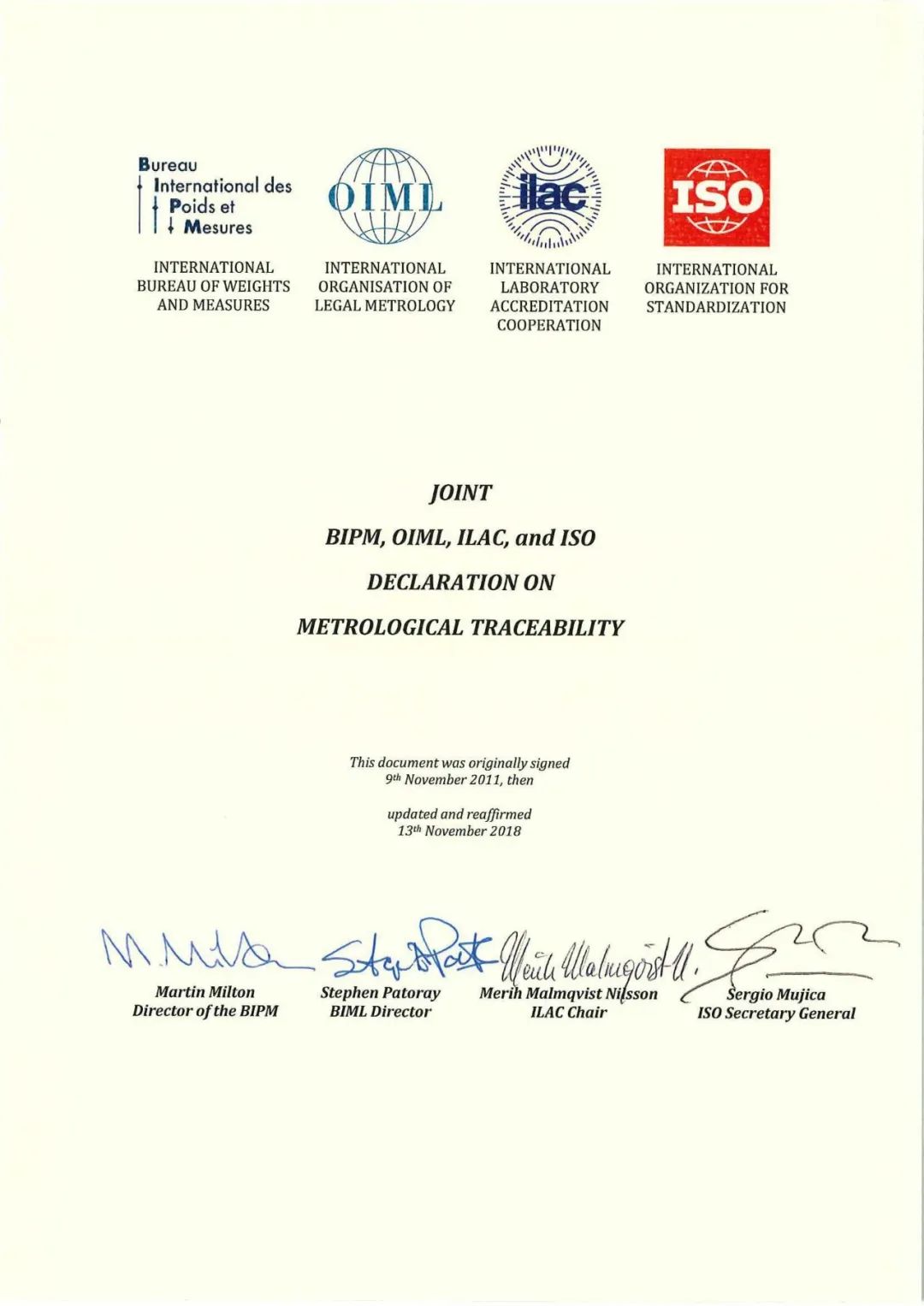 BIPM, OIML, ILAC, ISO关于计量溯源性的联合声明